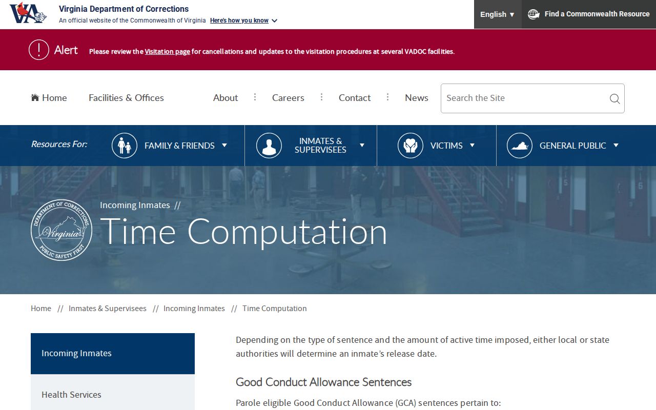 Amelia County projected release date VADOC time computation categories