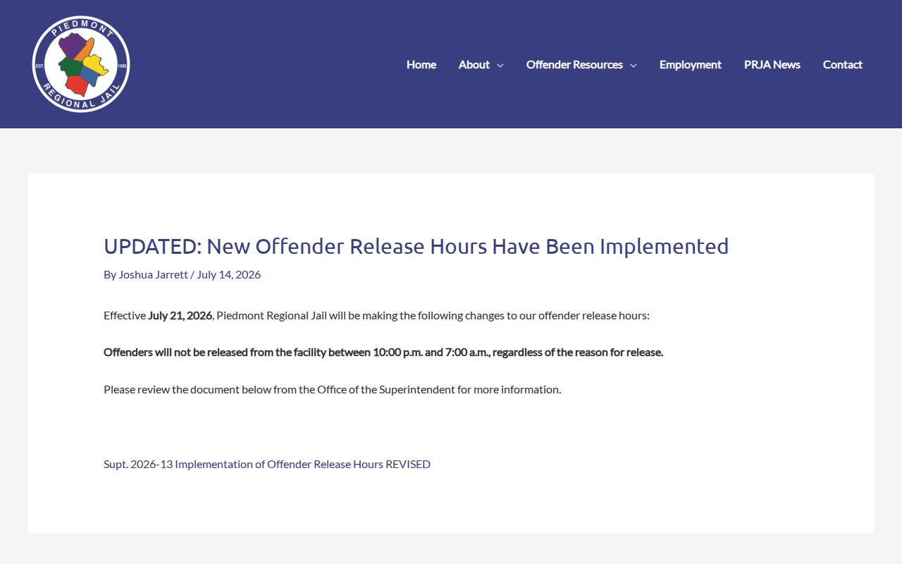 Amelia County release hours article from Piedmont Regional Jail
